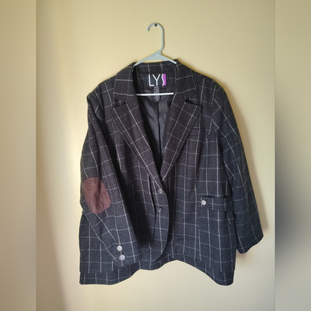 Women's Vintage LYS Plaid Blazer Gray Size 26 W/M Elbow Patches Grandpacore